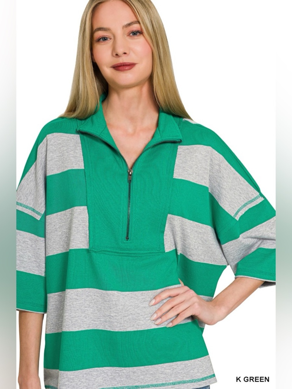 Zenana Frenchterry Striped Half Zip Top & Shorts Set - Picture 9 of 12